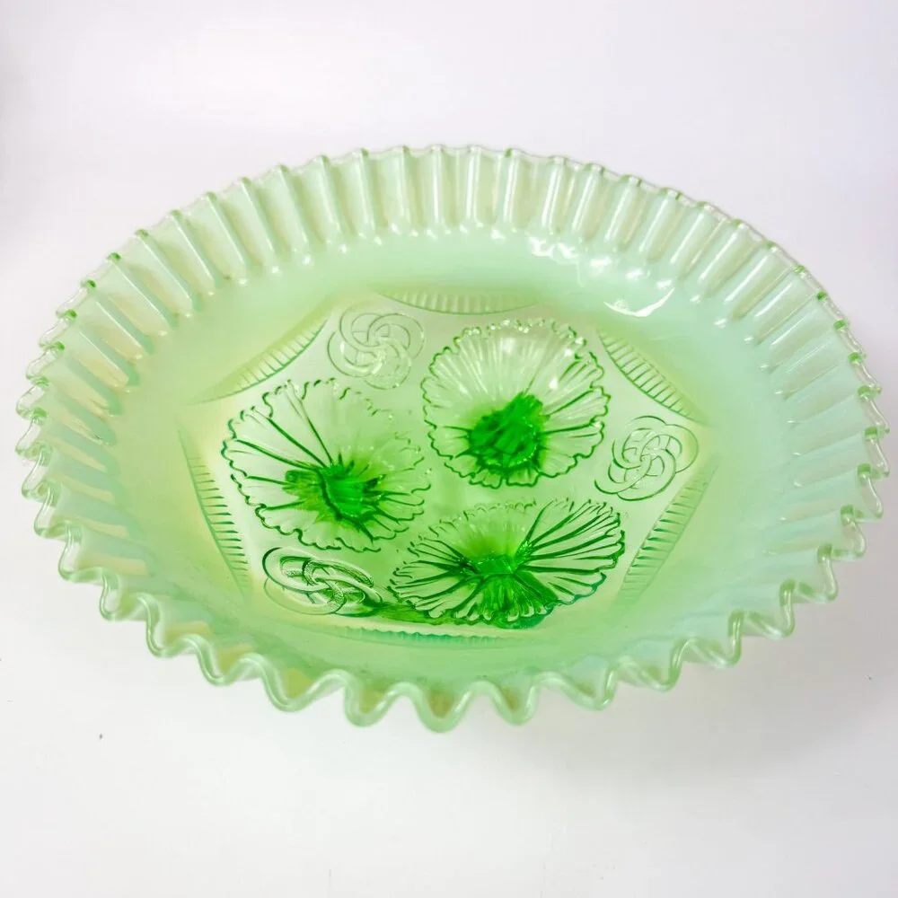 Jefferson Glass Green Opalescent Ruffles and Rings 3 Footed Bowl # 208